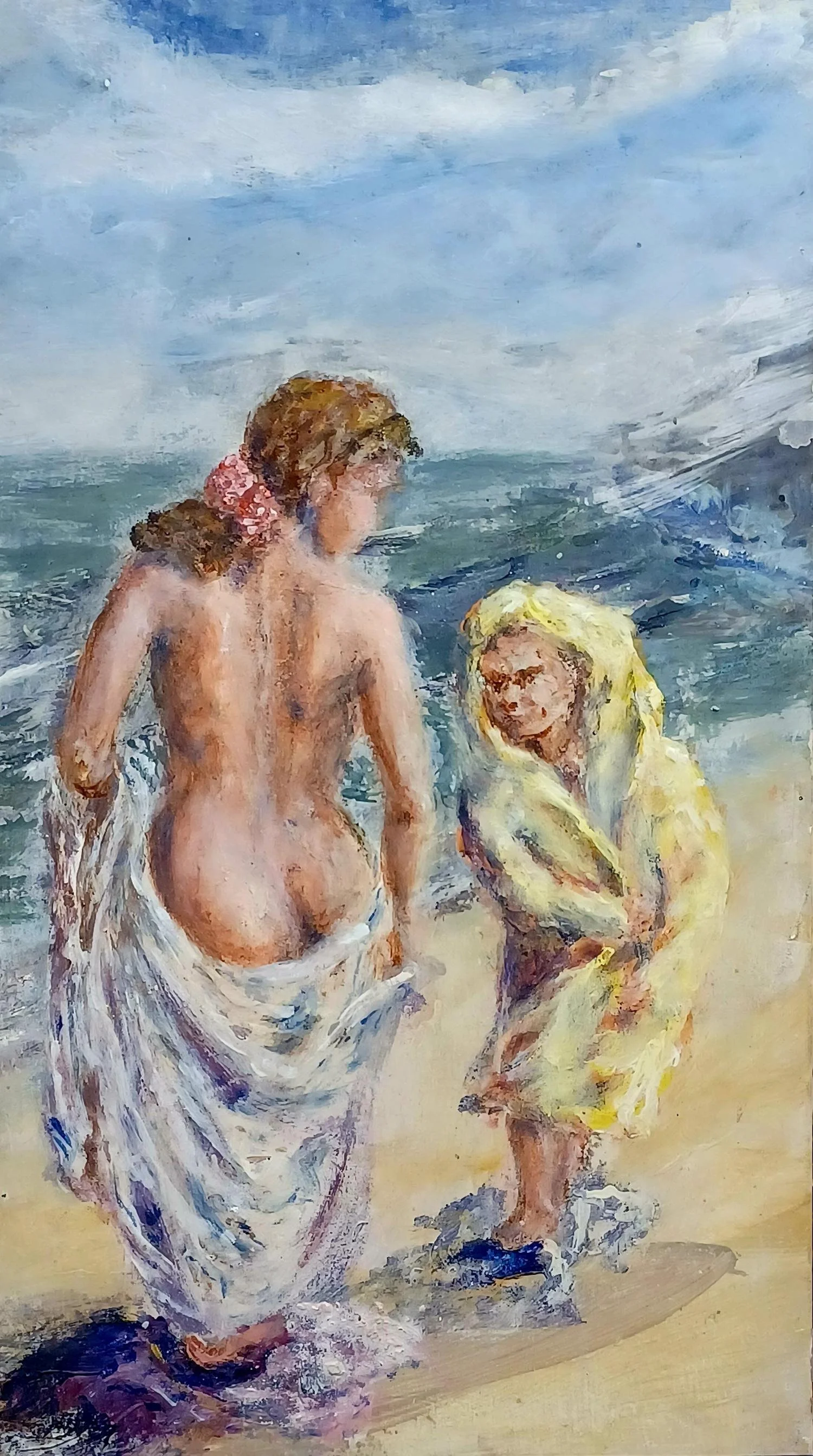 A painting of a woman and a child changing on the beach by Francois Gunning