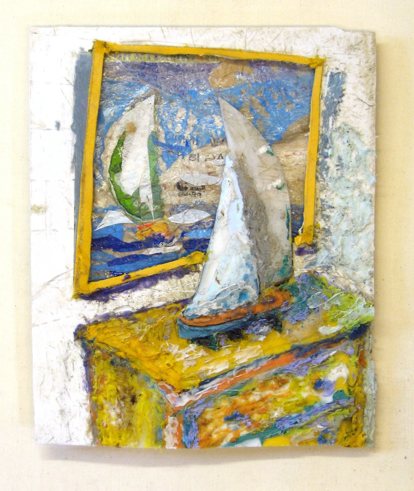 boat model and boat painting made with plastic debris gathered on the shore by Francois Gunning