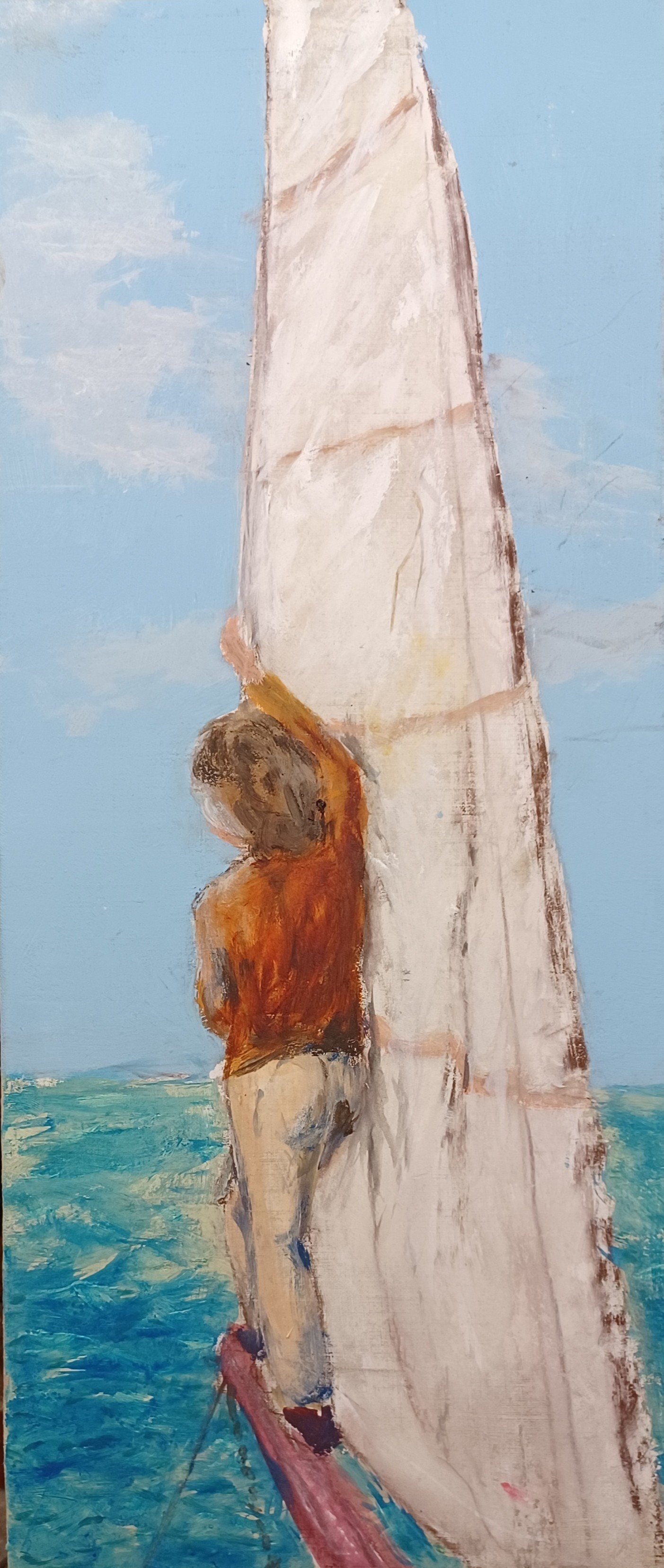 LOOK-OUT. Person looking ahead behind the jib.Tempera.