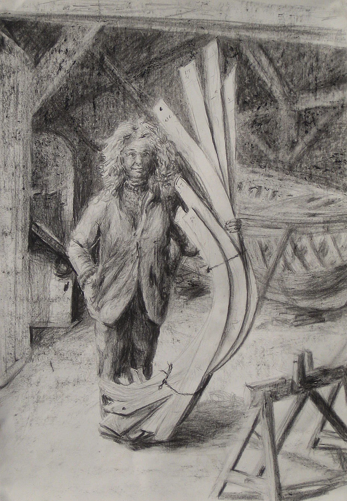PRIDE.A graphite drawing of a woman posing with boat-building templates at the door of her workshop. Graphite on paper