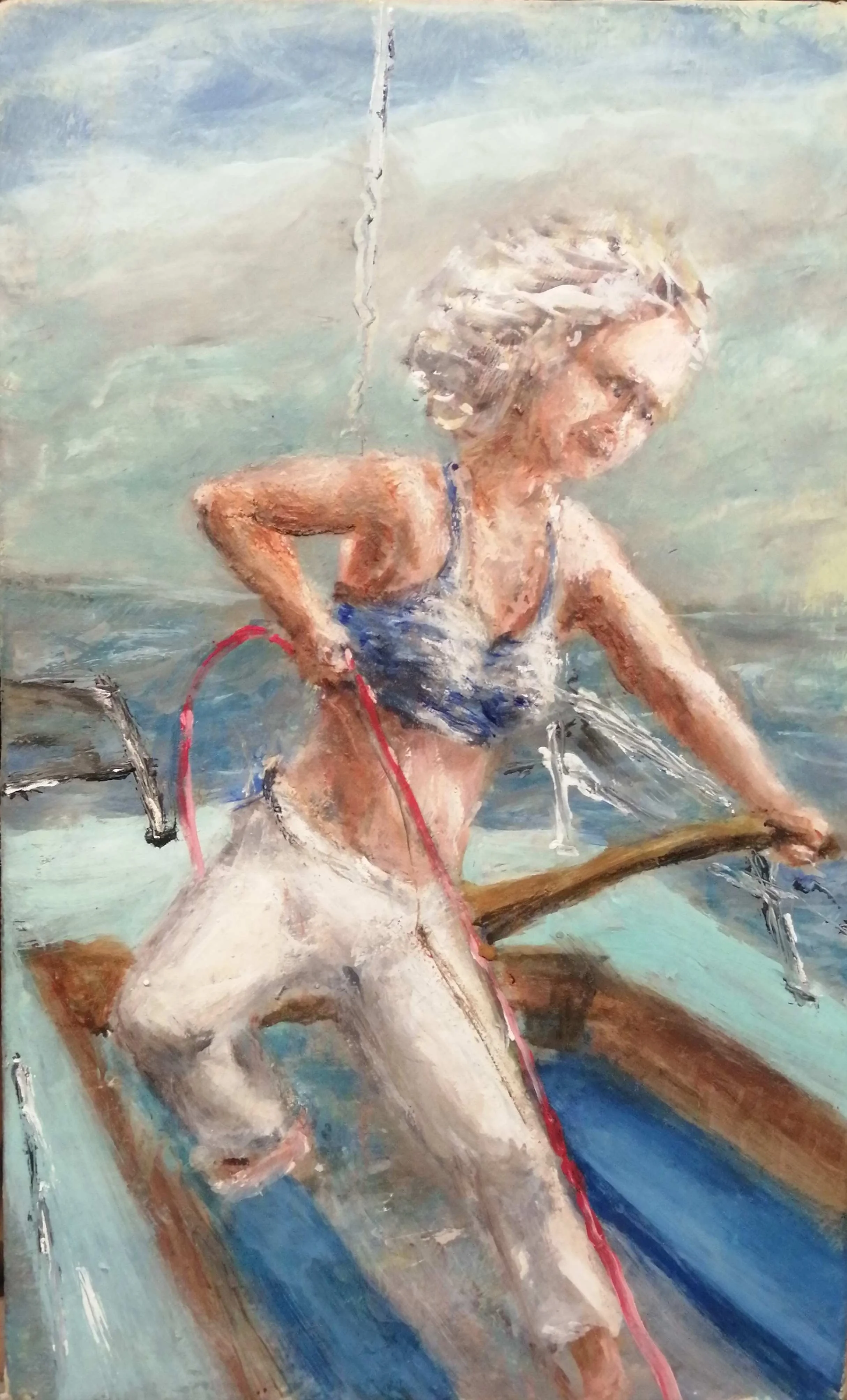 AT THE TILLER. woman steering her sailboat. oil and tempera
. 