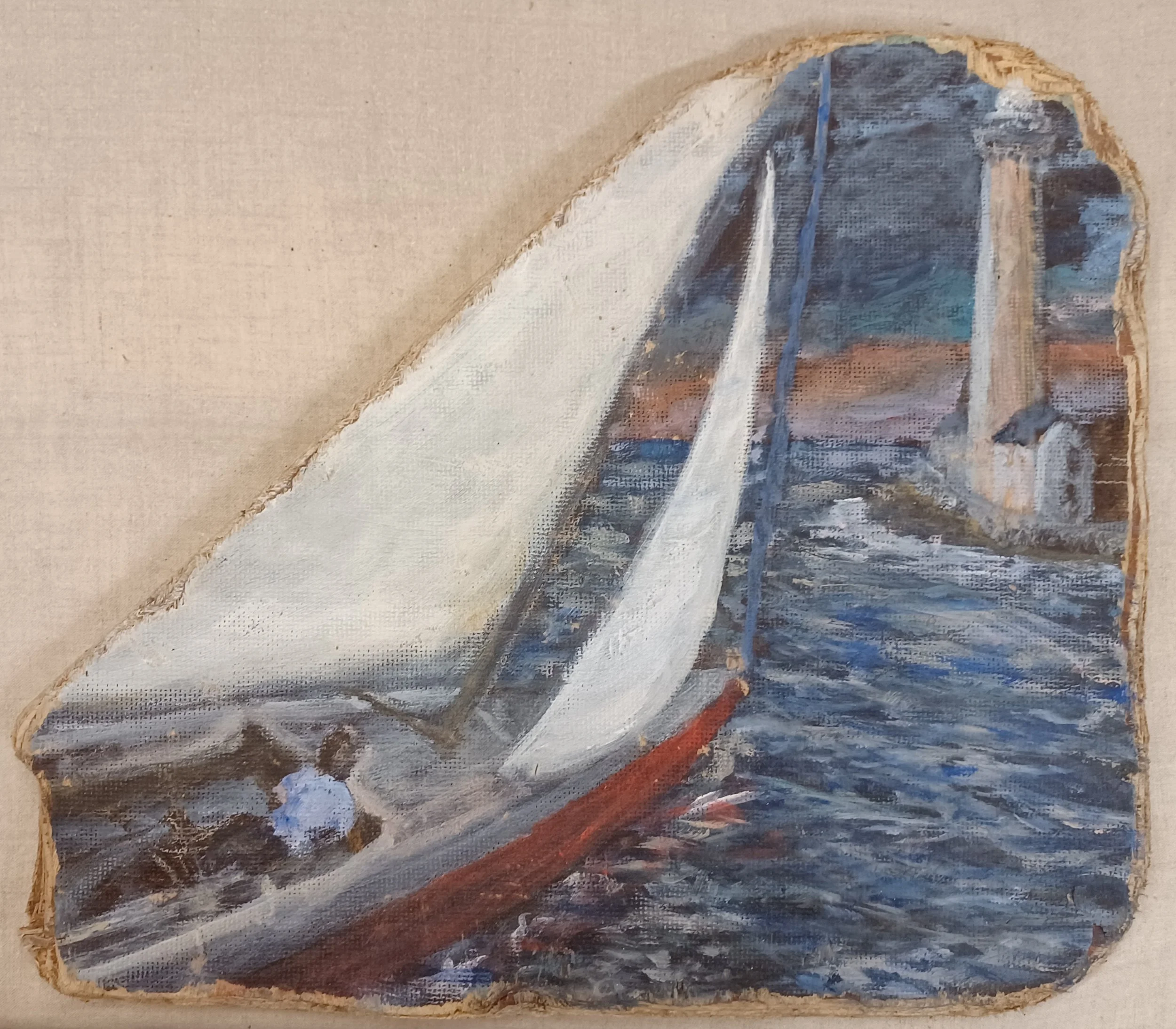 LIGHTHOUSE Boat sailing toward a lighthouse. Tempera/oil on phenolic floor.