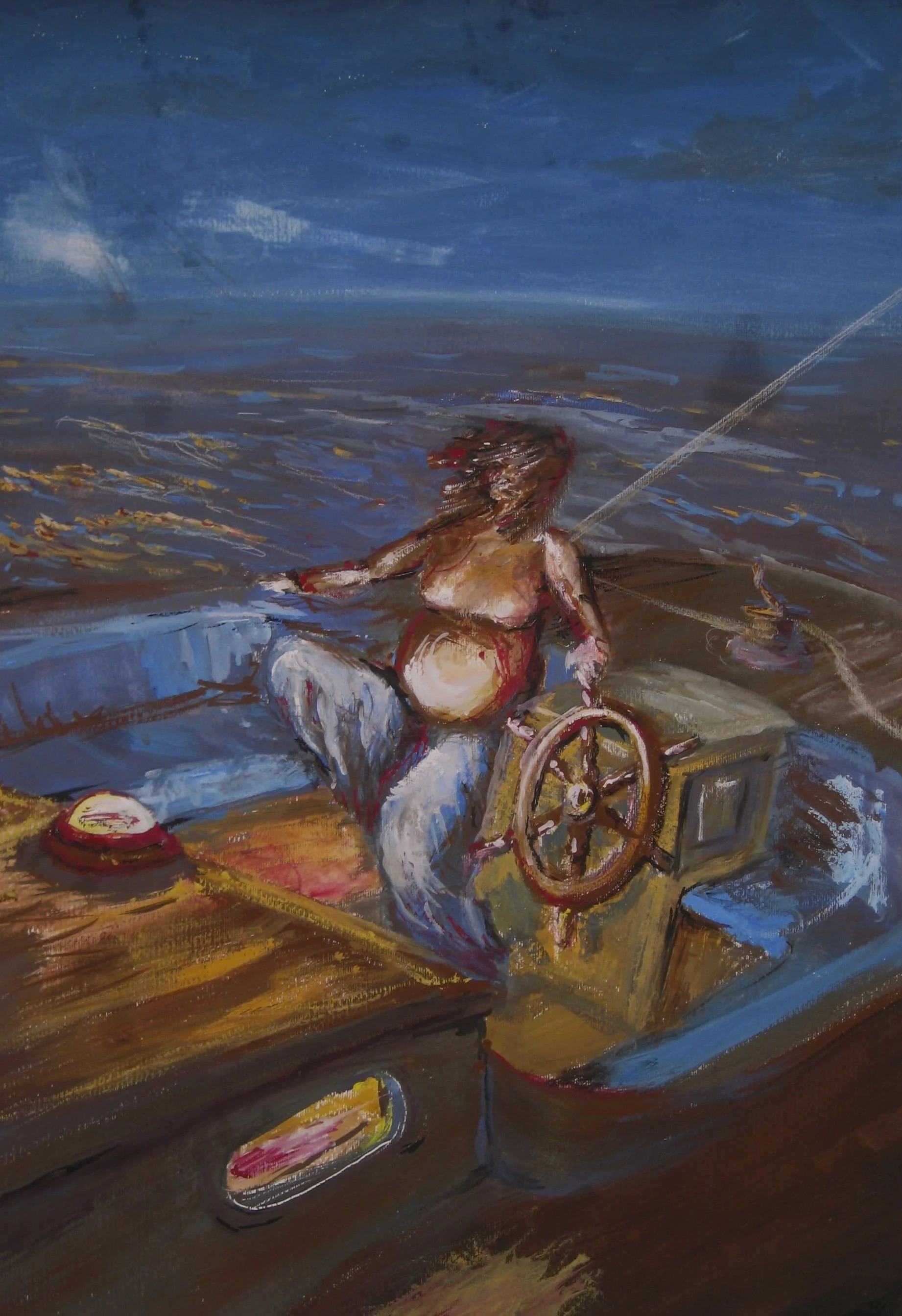 a pregnant woman steering a boat at night . Originaly gouache on paper