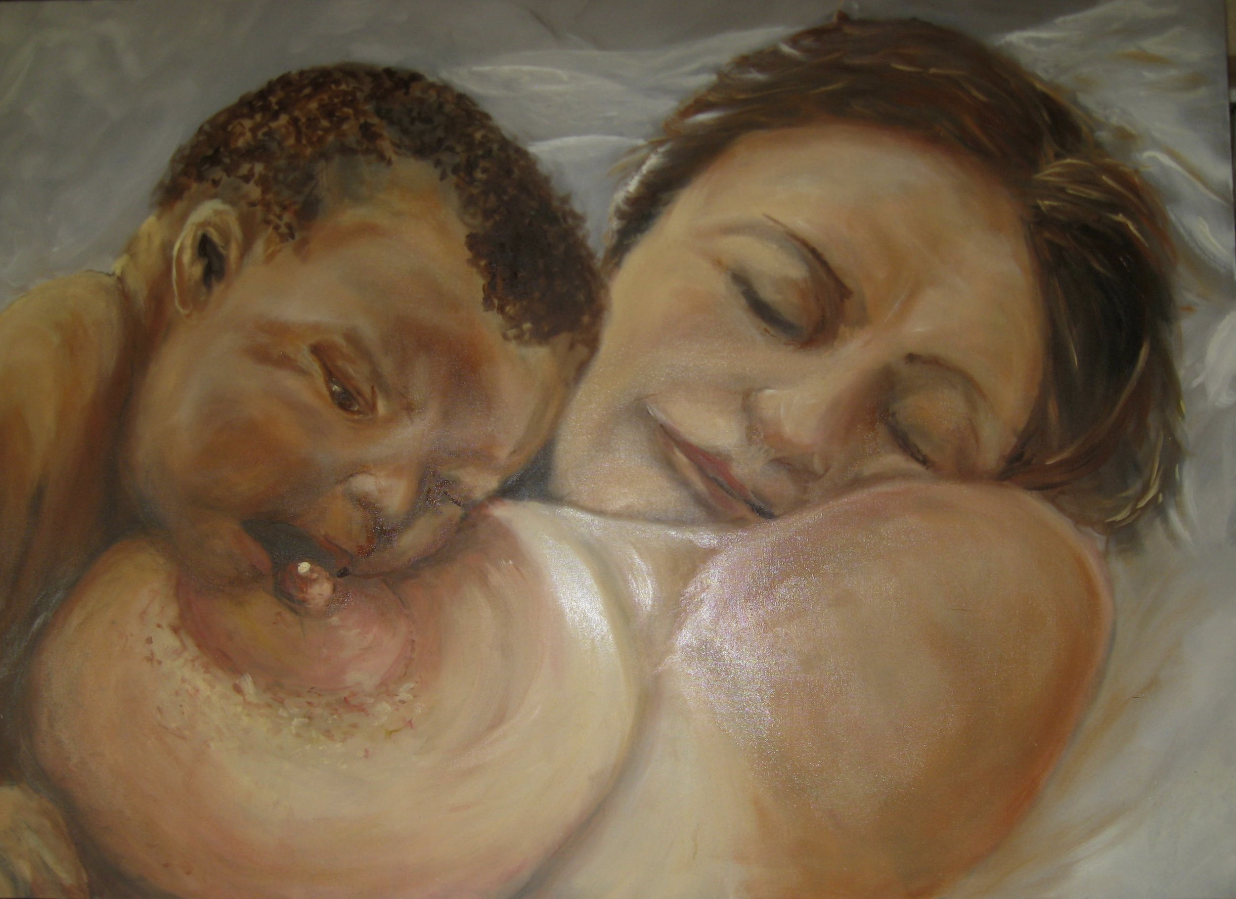AT FIRST. Baby at the breast. Oil