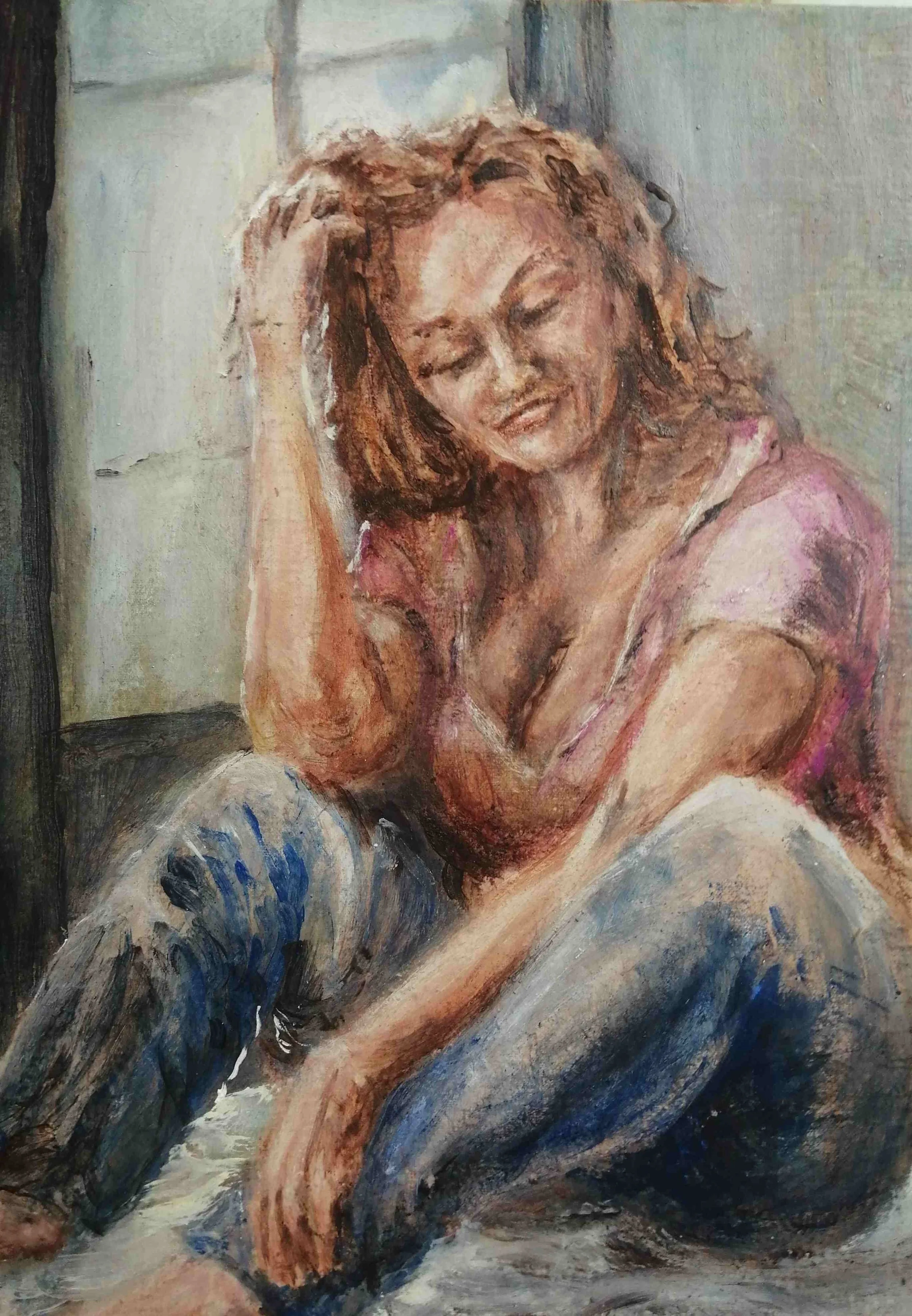 PENSIVE a reflection on an old friendship.oil and tempera