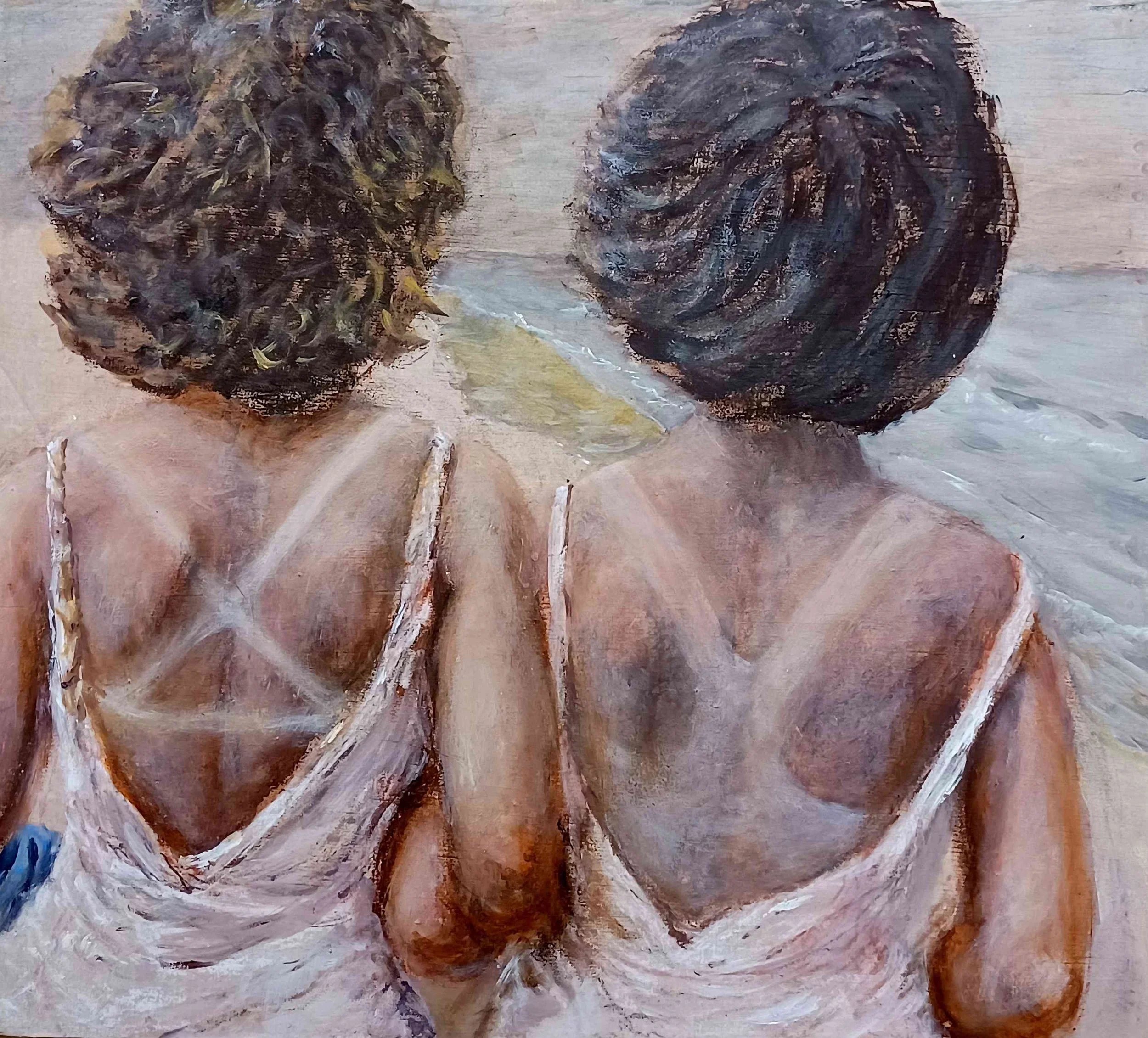 RETURN HOME. Two friends leaving a beach. Oils/tempera