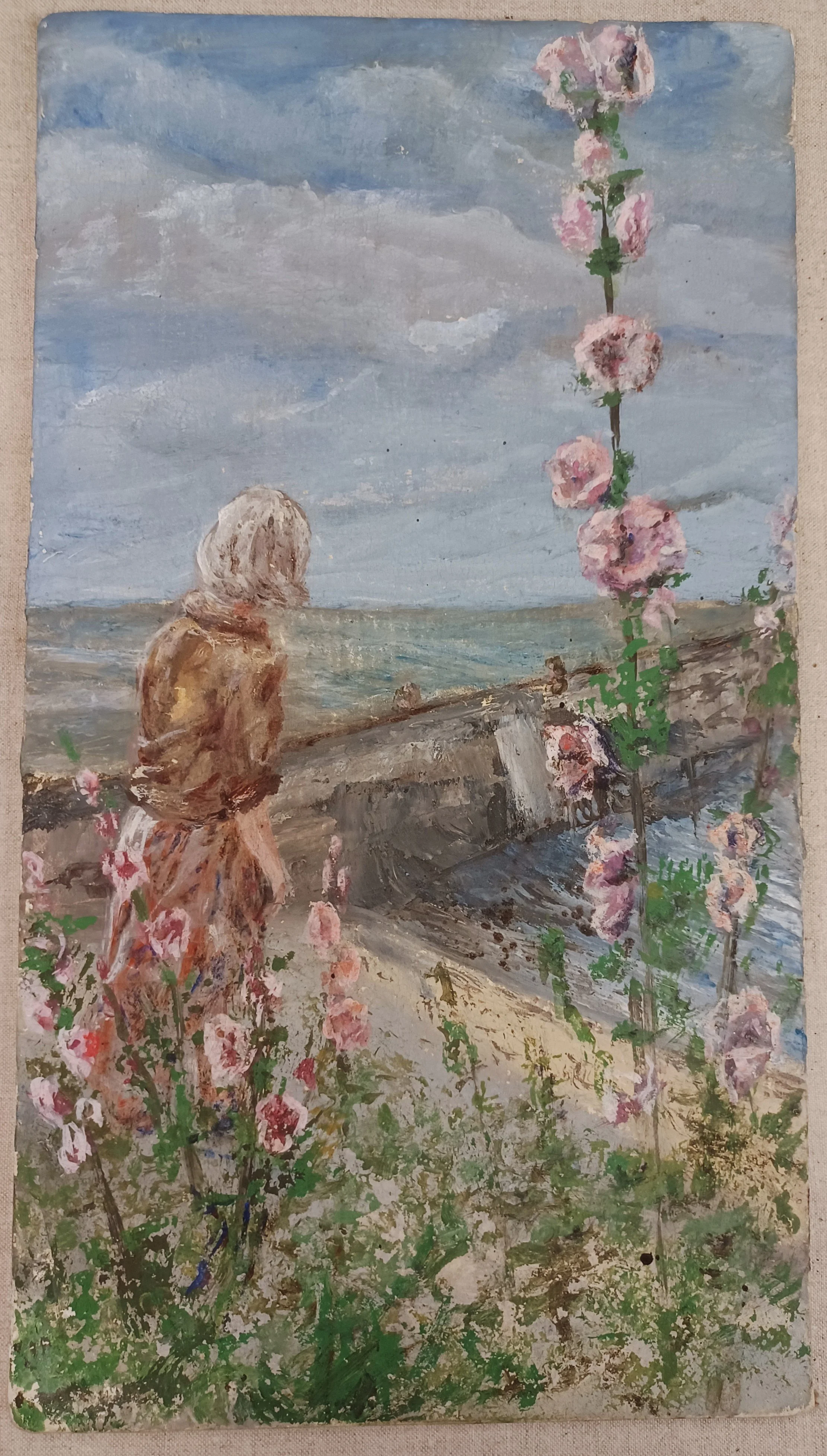 HOLLYHOCK. A woman overlooking the harbour, partly hidden by hollyhocks..Tempera/oil