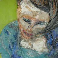A painted portrait of a woman with short brown hair, wearing a blue top, with a peaceful expression.