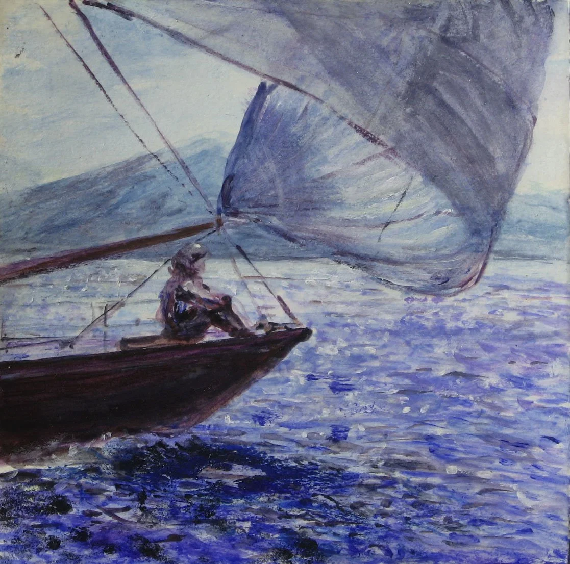 A watercolor painting of a person sitting on a small boat with a sail, sailing on a blue sea with small waves.