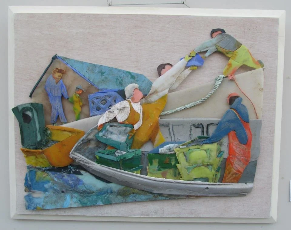 A textured mixed-media art piece depicting people working together on a boat