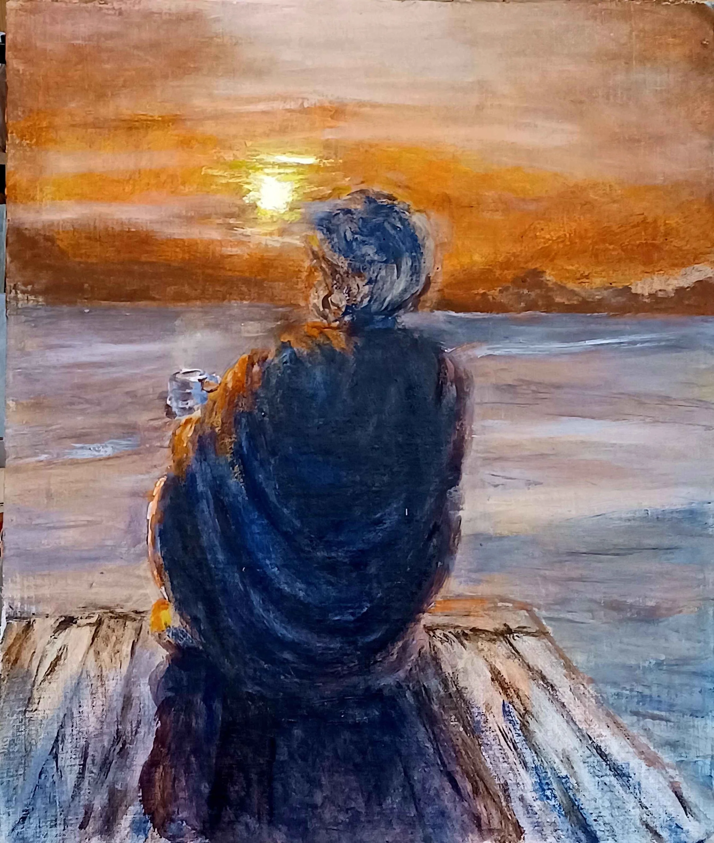 SUNRISE. A cup of coffee on a pontoon