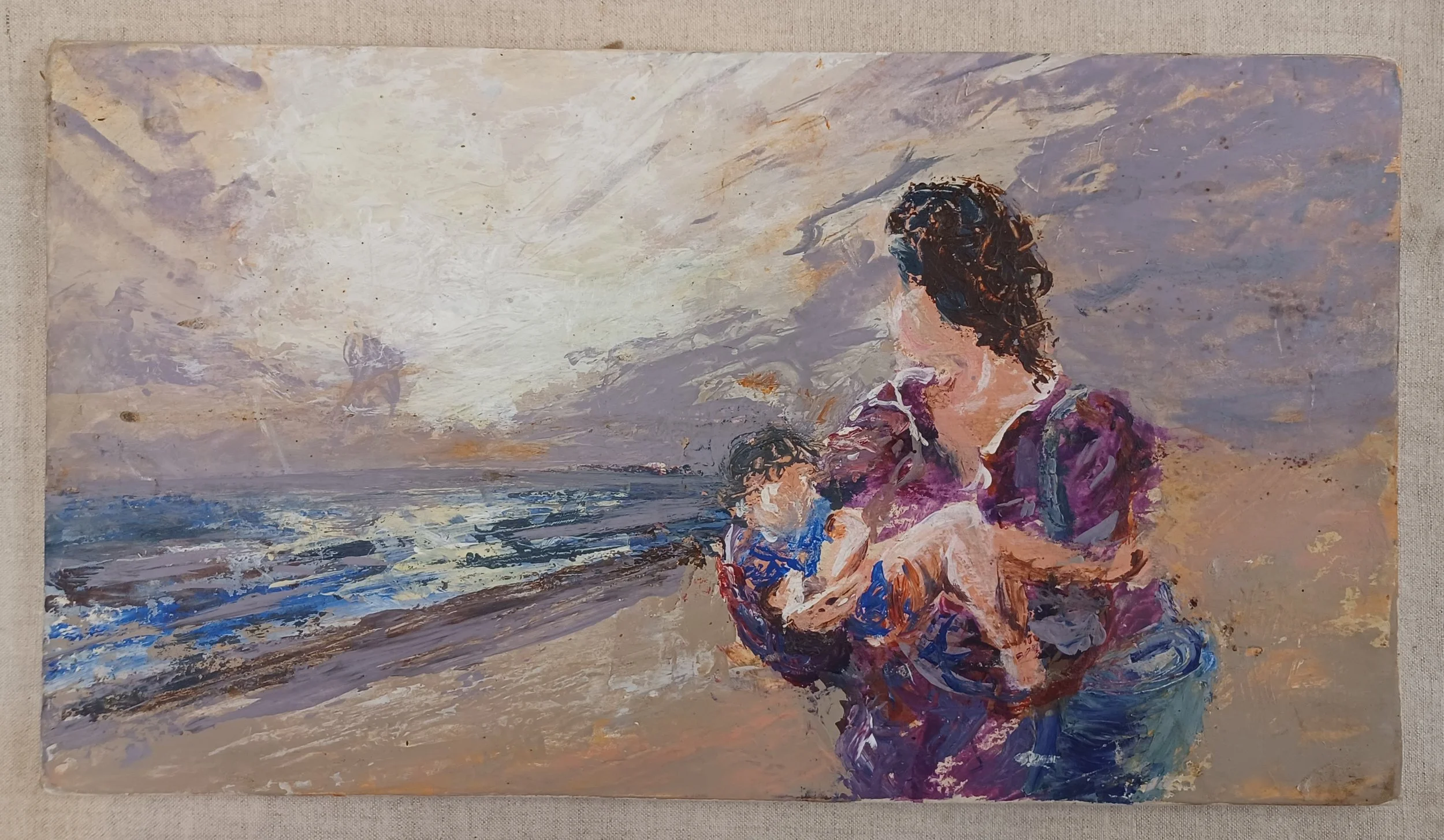 OFF THE BEACH. Woman carrying a sleeping child. Tempera