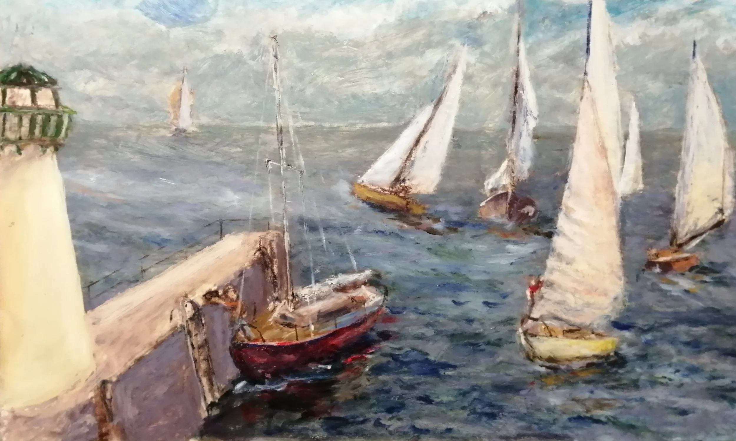 HARBOUR SCENE. Various sailboats coming and going. Acrylic/oil