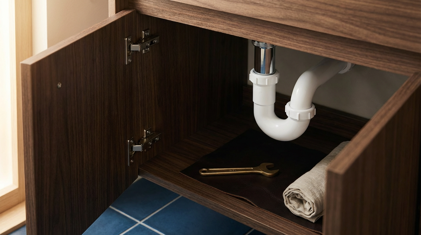 Open kitchen cabinet with plumbing pipes, a wrench, and a rolled-up towel inside.