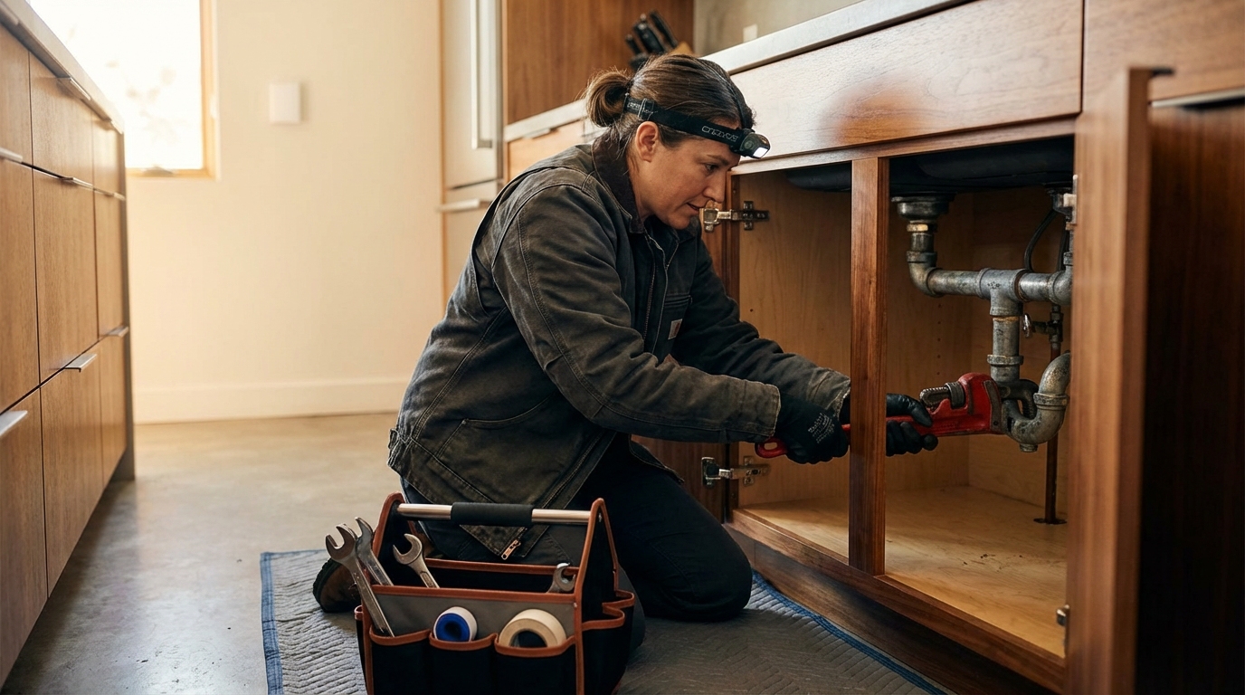 A woman working on plumbing under a kitchen sink with a headlamp, kneeling on a mat with tools in a toolbox nearby.