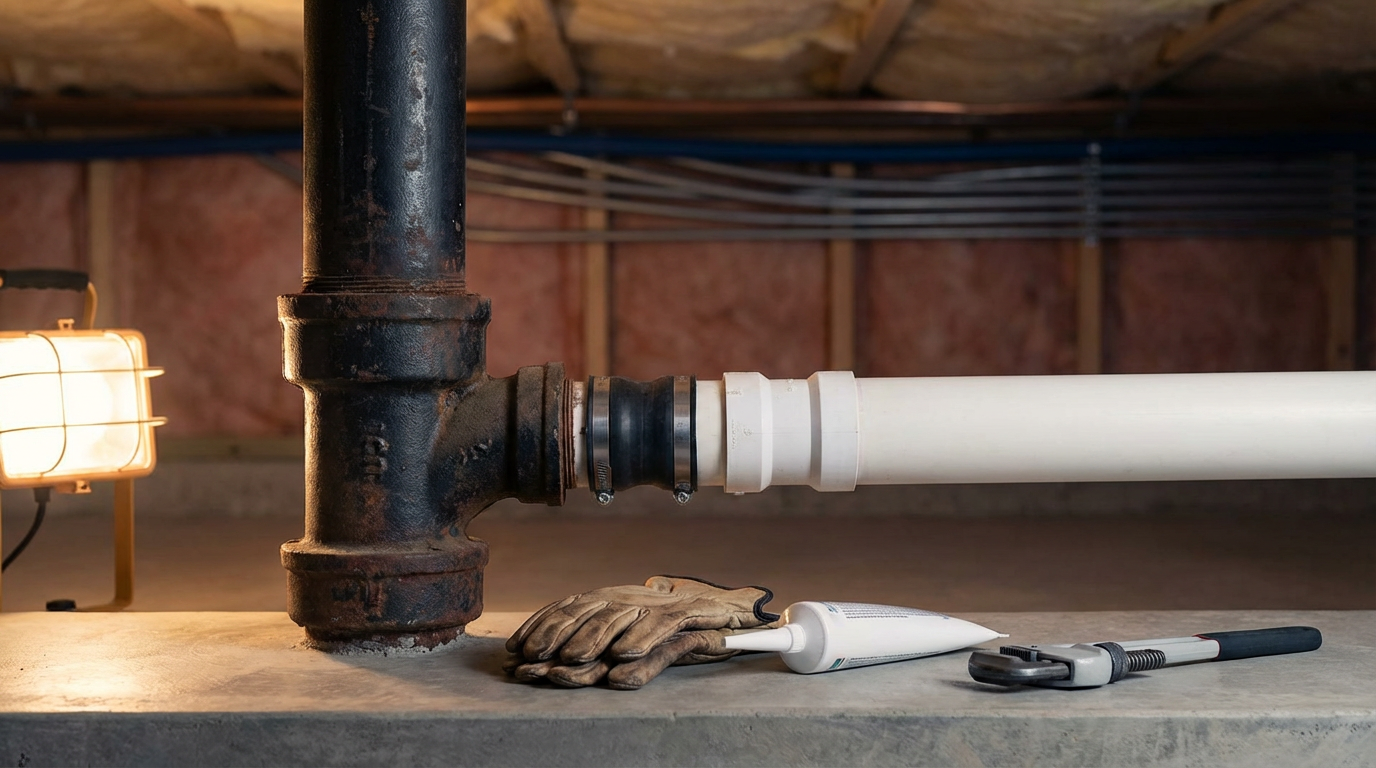 A pipe fitting with a black iron pipe, a white PVC pipe, and plumbing tools including a wrench, tube of sealant, and work gloves on a concrete surface in a basement or crawl space.