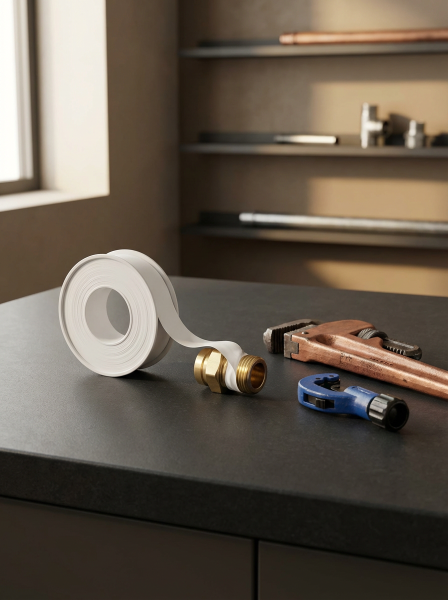 A roll of white Teflon tape, a brass gas valve fitting, a copper pipe wrench, and a blue adjustable wrench on a black countertop in a workshop.