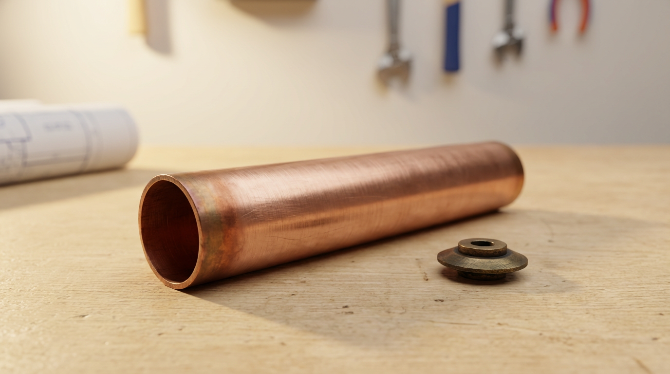 A copper pipe and a washer or cap on a workbench in a workshop, with tools hanging on the wall in the background.