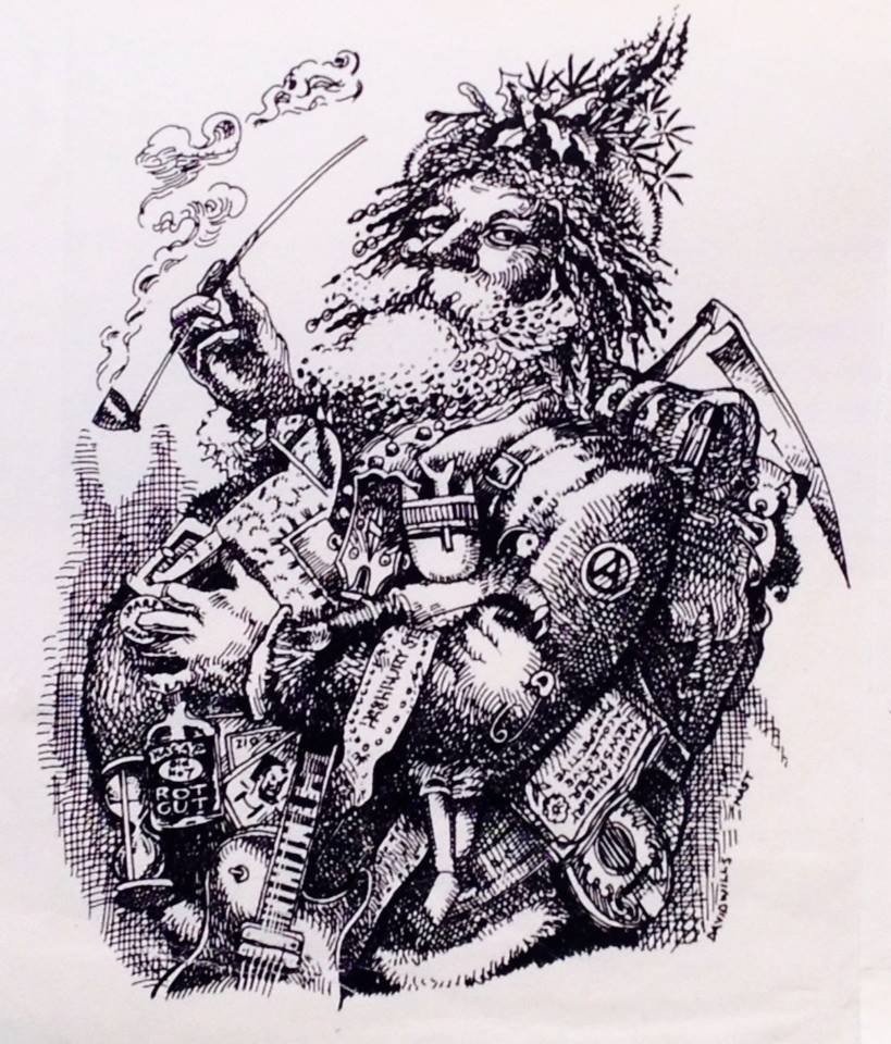 Black and white ink drawing of Santa Claus with a crown of foliage, holding a smoking pipe, and dressed in layered clothing with various patches and symbols, surrounded by objects like a Christmas ornament, candy cane, and gifts.