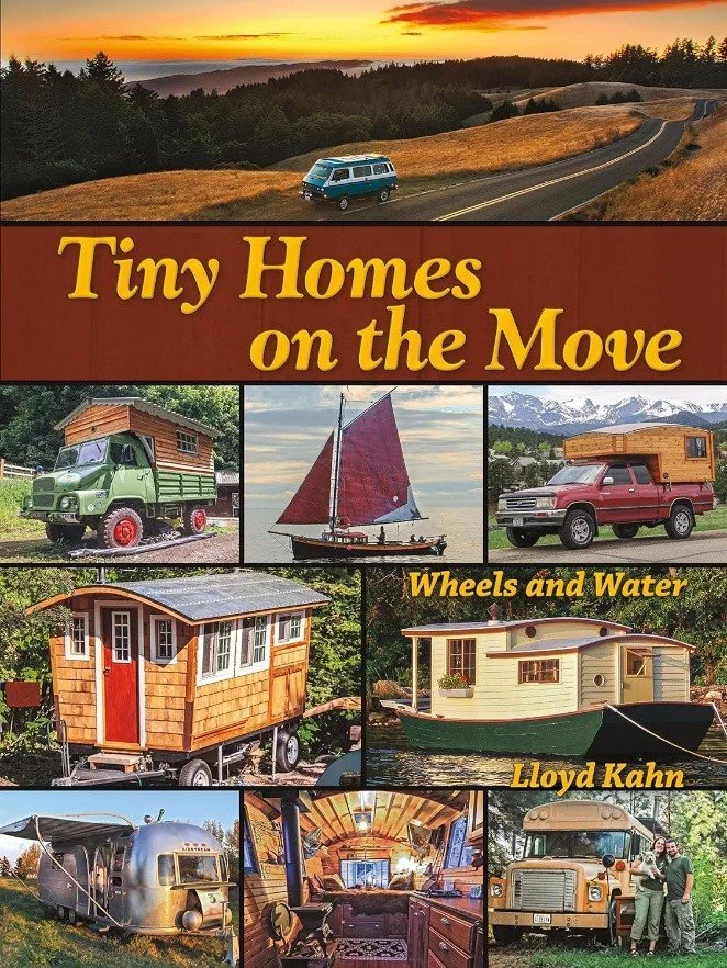 A collage of various tiny homes and mobile living structures, including a camper van on a scenic hill at sunset, an old green truck with a tiny home, a sailboat, a vintage truck with a tiny house on the back, a wooden tiny house on wheels, a boat house, a converted Airstream trailer, and two people standing in front of a tiny home. The collage emphasizes mobility and outdoor living.