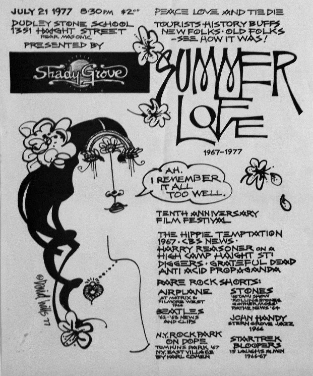 A black-and-white flyer for the Summer Love event celebrating the 10th anniversary of the 1967-1977 music and film festival, with various bands and artists listed, decorative flowers and doodles, and handwritten notes.