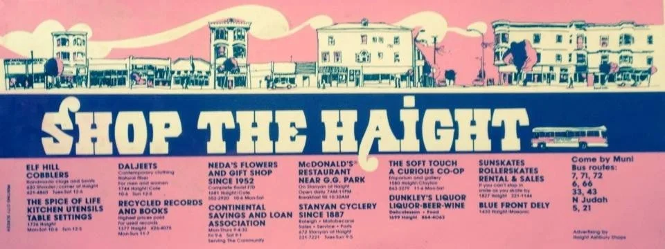 Panoramic mural with buildings and trees, overlaid with a pink background and white text promoting various local businesses and routes, titled 'SHOP THE HEIGHT'.