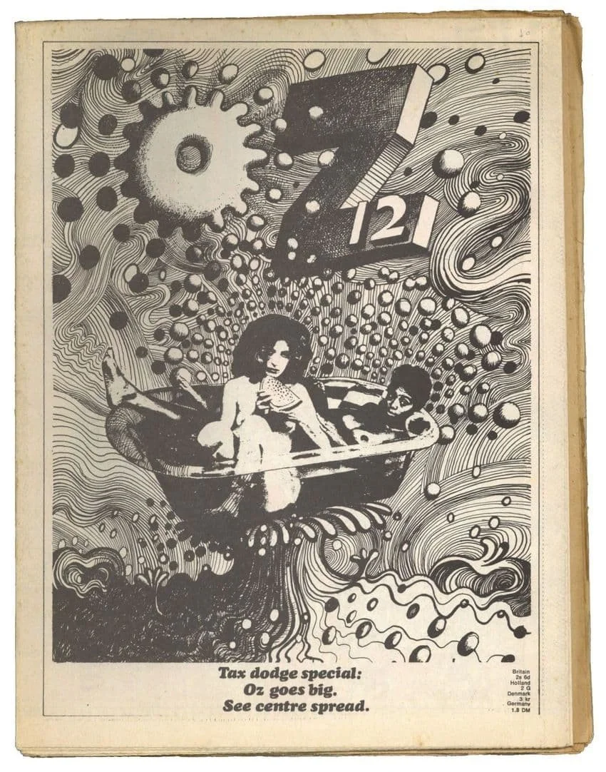 Oz magazine psychedelic color trip, Oz 12, that Barney Bubbles and I designed which was two large folded posters stapled together as a magazine. Next to the staples I placed a note saying, “Tax Dodge Special”.