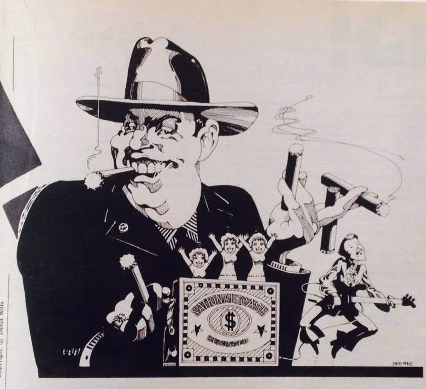 A cartoon drawing of a man with a big smile, smoking a cigar, wearing a hat, and holding a cigarette. The man is surrounded by smaller characters, including three women dancing in front and a woman playing guitar on the right. There is a sign reading 'National Cash Register' and symbols related to money.