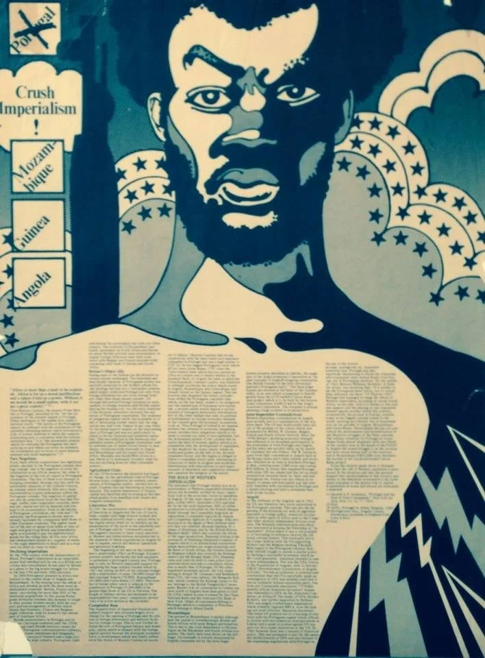 A stylized illustration of a man with a beard, looking directly at the viewer, with star patterns and geometric shapes in the background. There are blocks of small text overlaying the lower part of the image.