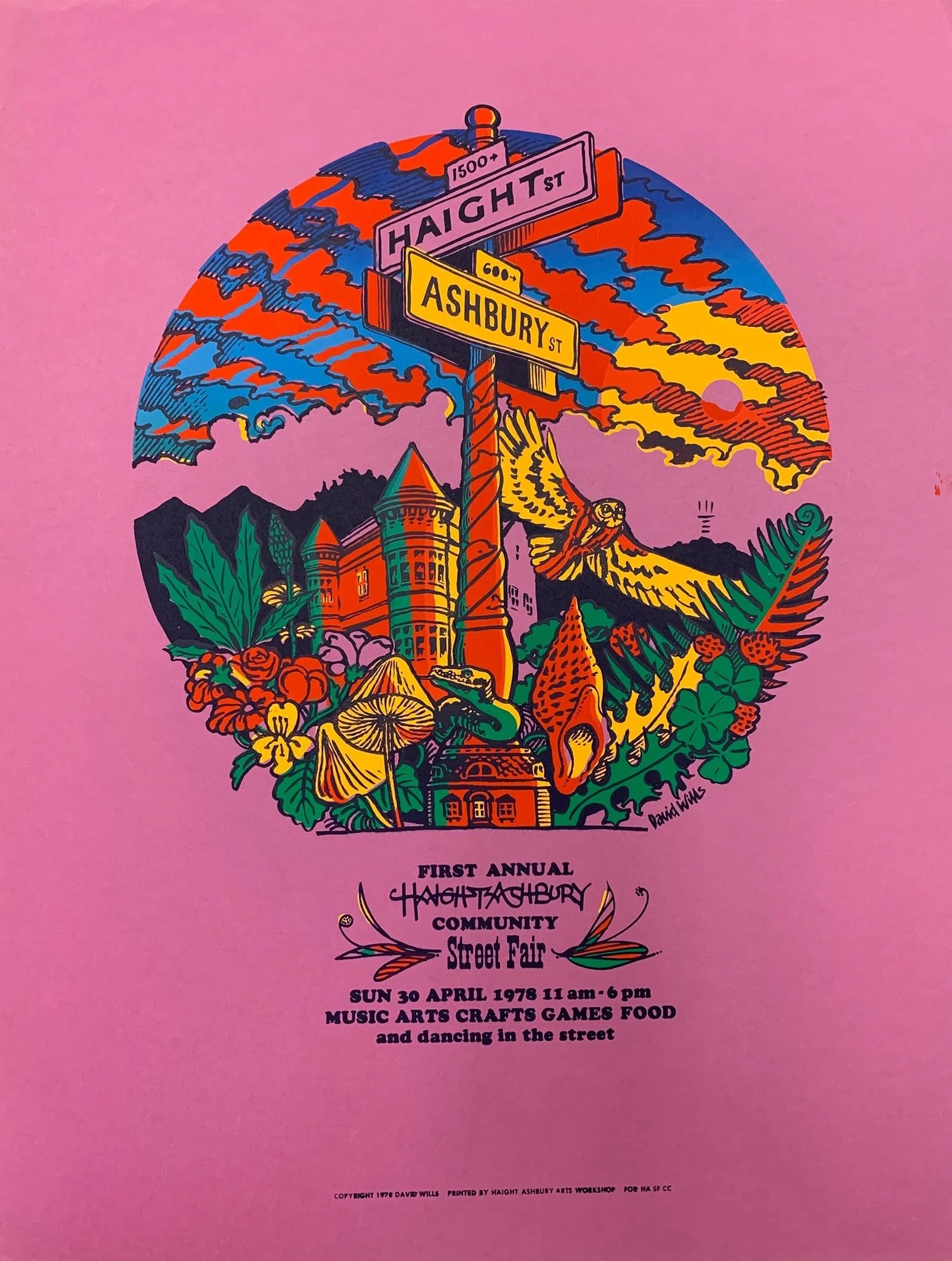 Flyer for the first annual Haight Ashbury community street fair, scheduled for Sunday, April 30, 1978, from 11 a.m. to 6 p.m., featuring music, arts, crafts, games, food, and dancing in the street. The flyer has a colorful illustration of a street scene with a signpost indicating Haight Street and Ashbury Street, a bird, trees, and a sunset background.