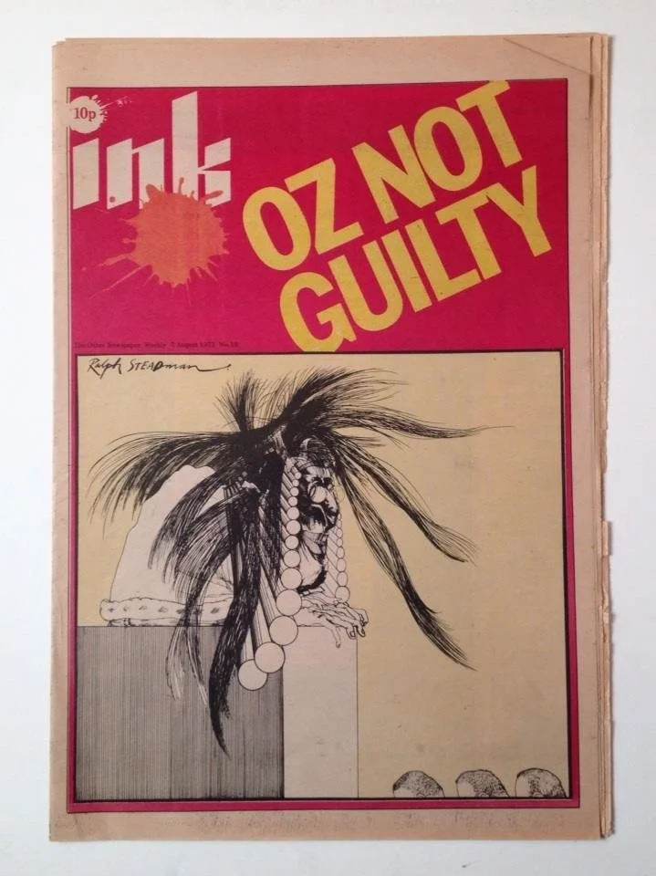 Ink, "Oz Not Guilty" newspaper. Design by David Wills and Artwork by Ralph Steadmann. London 1971.