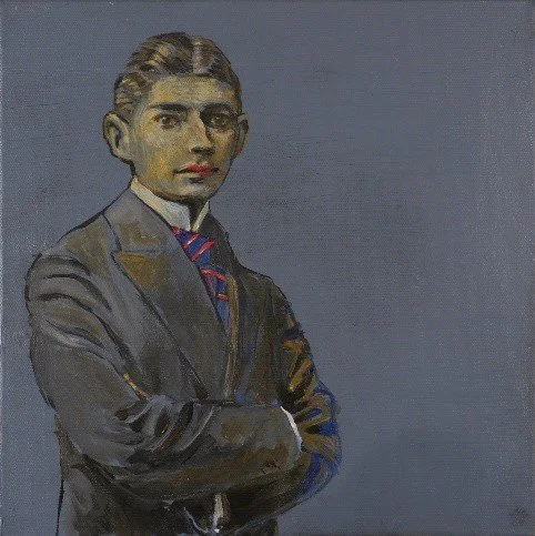 A painting of a young man with light skin, slicked-back hair, wearing a dark suit, white shirt, and striped tie, standing with arms crossed against a plain gray background.