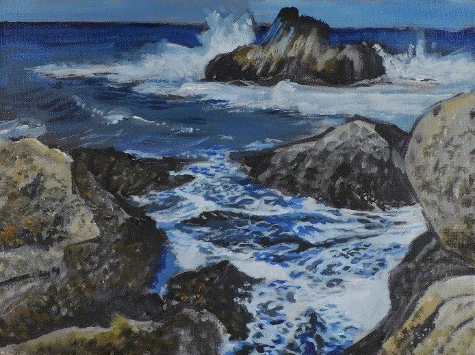 Painting of a rocky shoreline with waves crashing against large rocks and the ocean in the background.