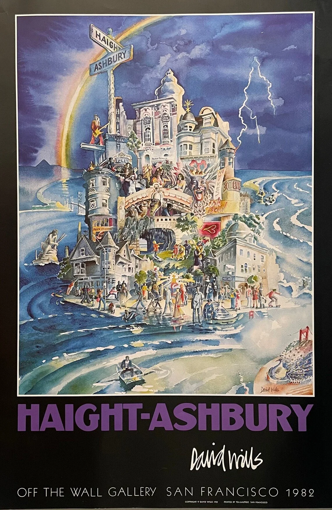 A colorful painting illustrating the lively and fantastical town of Haight-Ashbury in San Francisco, with intricate buildings, musical performers, neon signs, people walking and engaging in various activities, and a stormy sky with lightning, all vividly detailed.