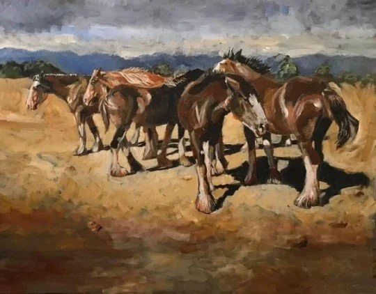 A group of horses standing on a dirt field with a cloudy sky overhead, painted in an impressionistic style.