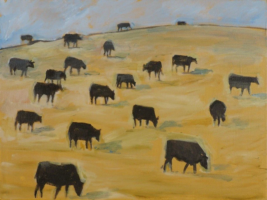 Painting of a herd of black cattle grazing on a yellowish field with blue sky in the background.