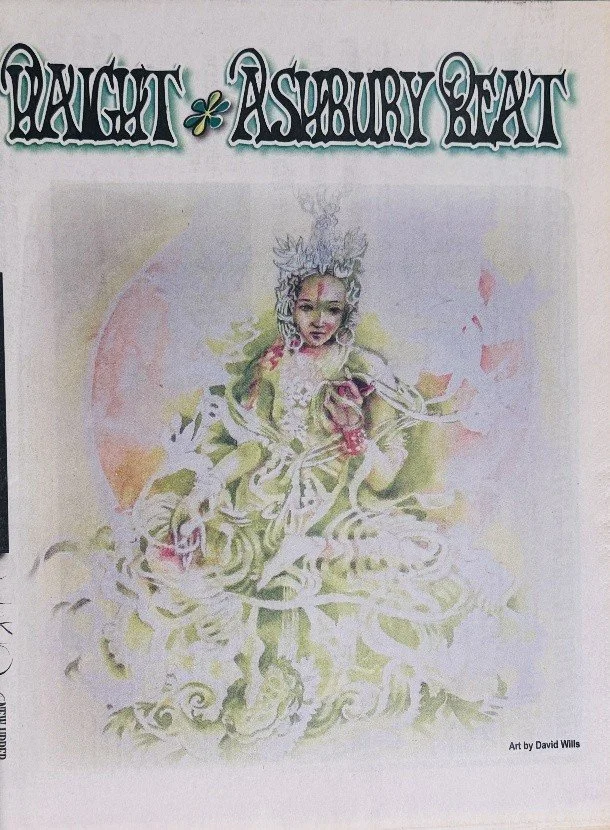 A book cover titled 'Tright Ashbury Text' with an artistic illustration of a woman with a headdress, surrounded by swirling, organic shapes, and flowers. Artwork by David Wills.