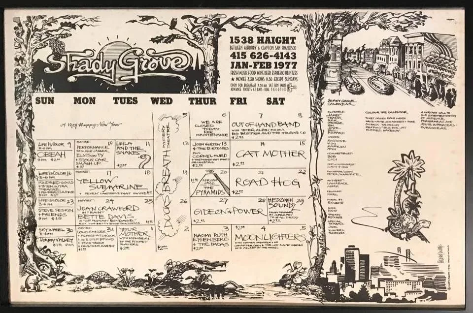 A printed event calendar for Sladey Grove from January to February 1977, featuring sketches of cityscapes and nature, with handwritten notes, advertisements, and decorative illustrations of trees, animals, and urban scenery.