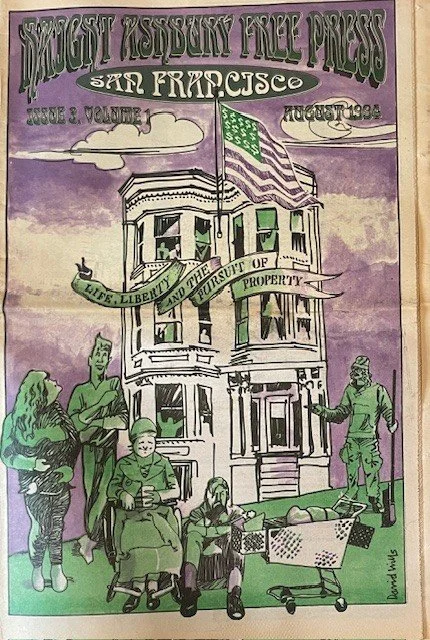 Cover of Prophets Assault by David Wilms, issue 2, volume 1, August 1998, depicting a Victorian-style building with an American flag on top. Surrounding the building are five people, including a woman with a guitar, a man, a girl sitting in a wheelchair, a boy with a baseball cap, and another man with a cane. The background has purple and yellow hues with clouds.