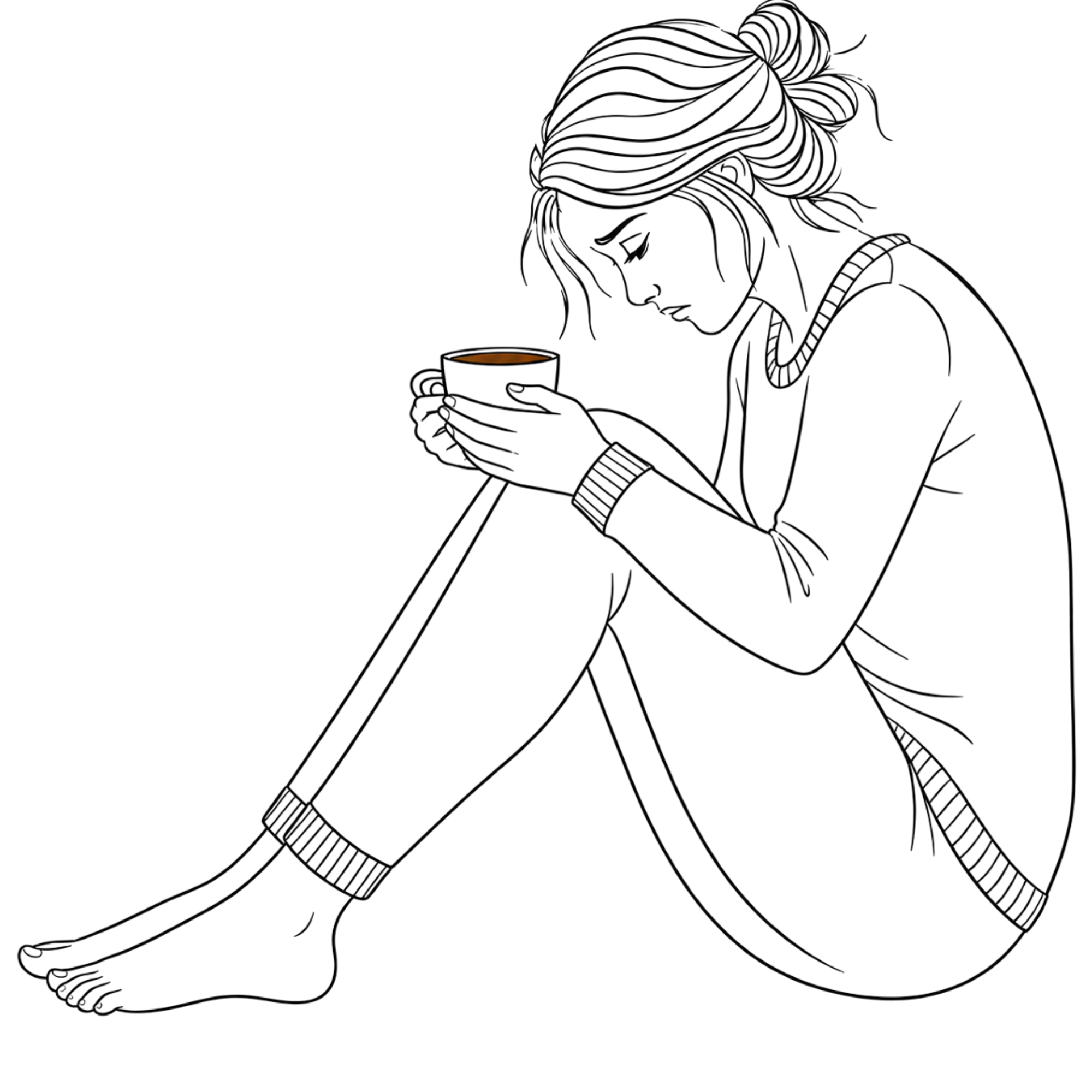 Line drawing of a woman sitting on the floor, looking down at a cup of tea or coffee she is holding with both hands.