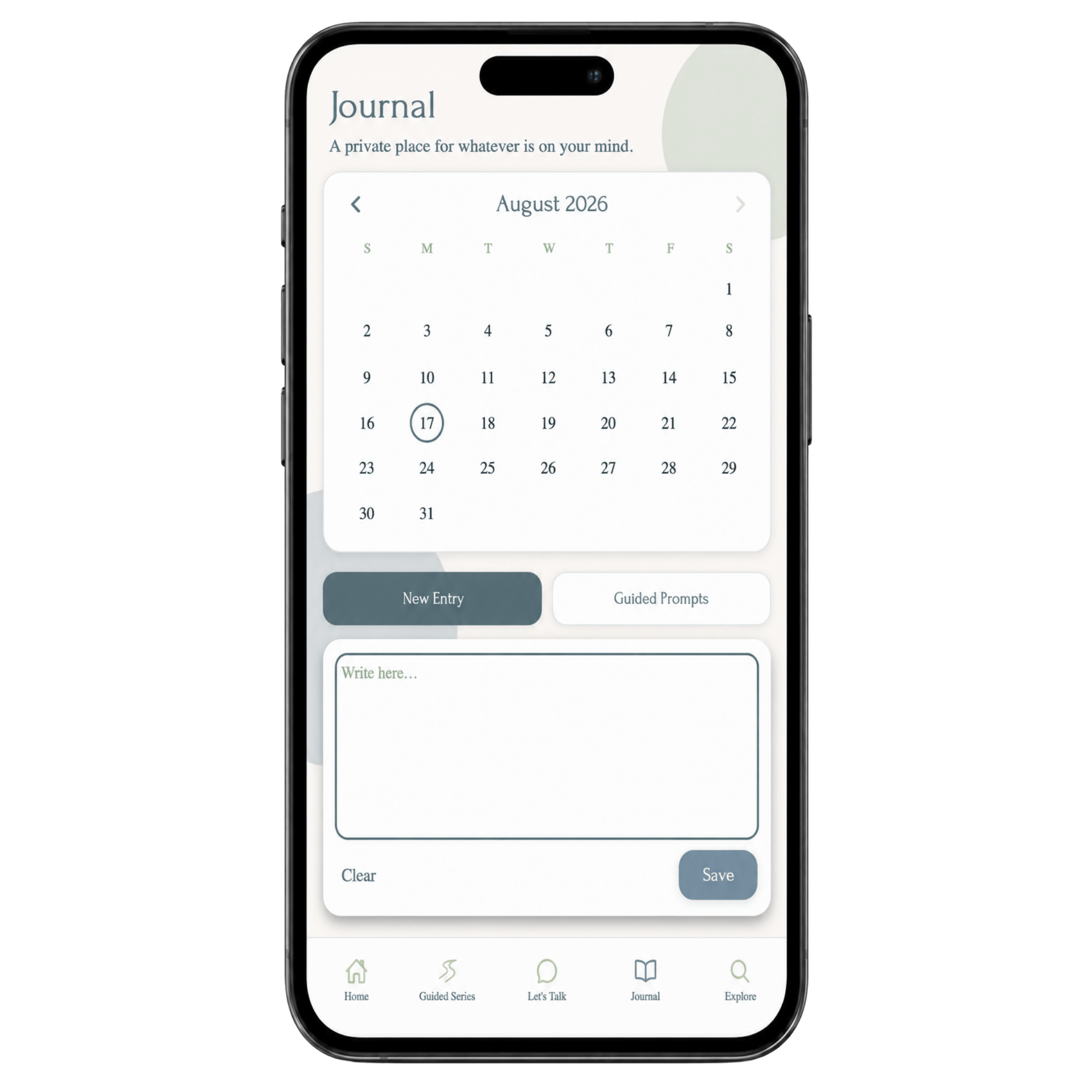 A smartphone screen showing a digital journal app with a calendar view for August 2026, navigation arrows, and buttons labeled 'New Entry' and 'Guided Prompts'. The app's navigation bar includes icons for Home, Guided Series, Let's Talk, Journal, and Explore.