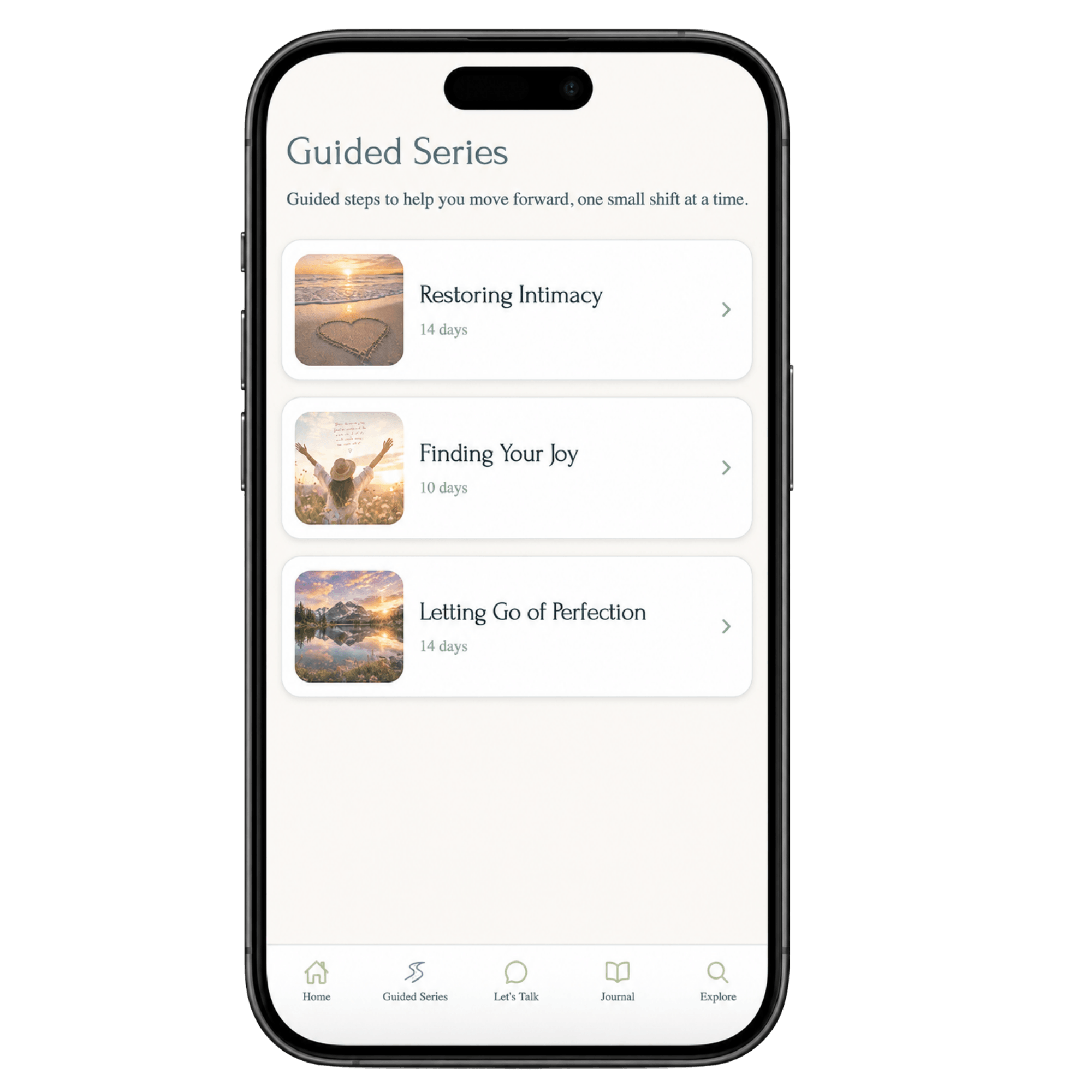A smartphone displaying a guided meditation app with options like Restoring Intimacy, Finding Your Joy, Letting Go of Perfection, and a navigation menu at the bottom.