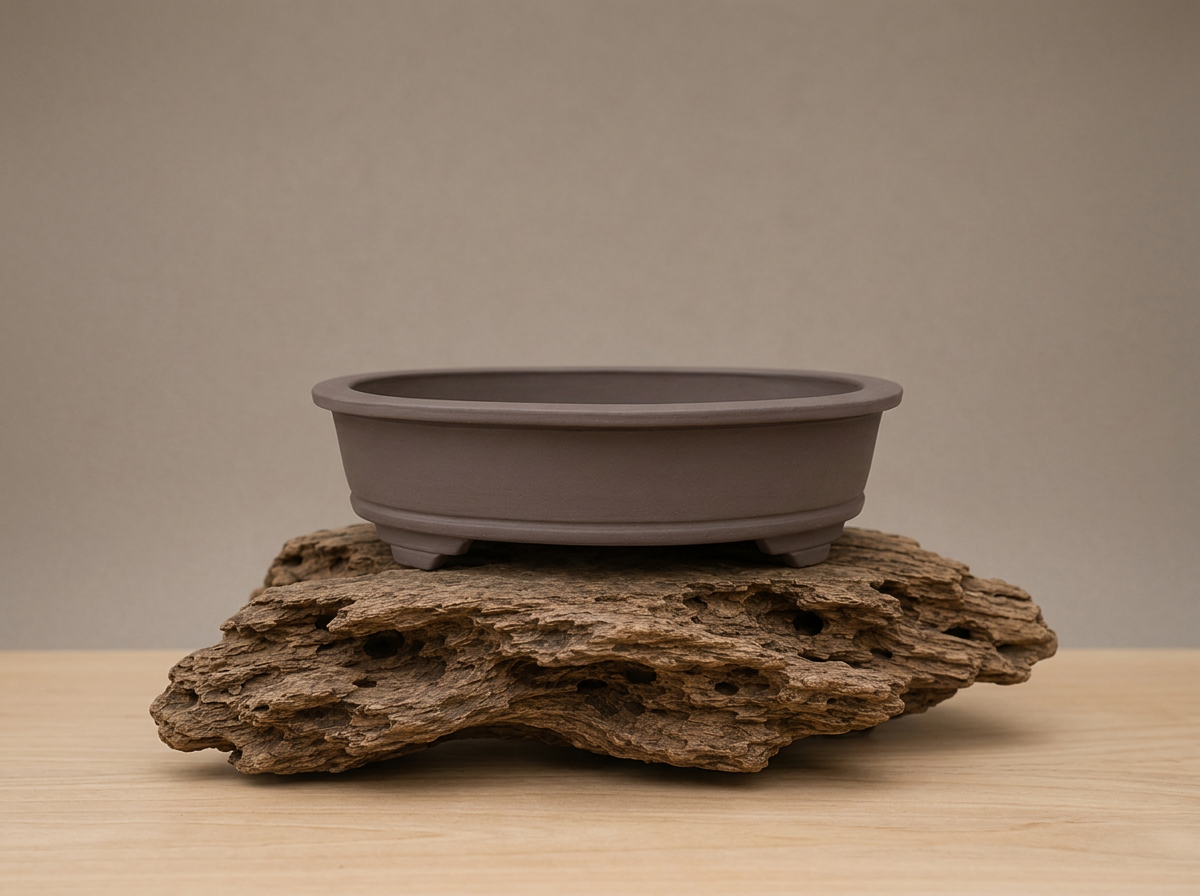 Handcrafted oval bonsai pot featuring the Wide Crown design, from the Seasons Restrained collection, in matte Sea Kelp, by Ian Jobling Ceramics.