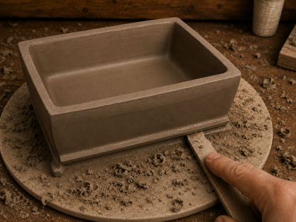 Handcrafted stoneware bonsai pot being shaped in the studio.