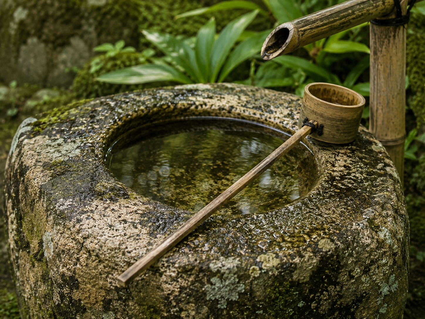 A traditional Japanese stone water basin with bamboo ladle resting on its edge, surrounded by greenery.