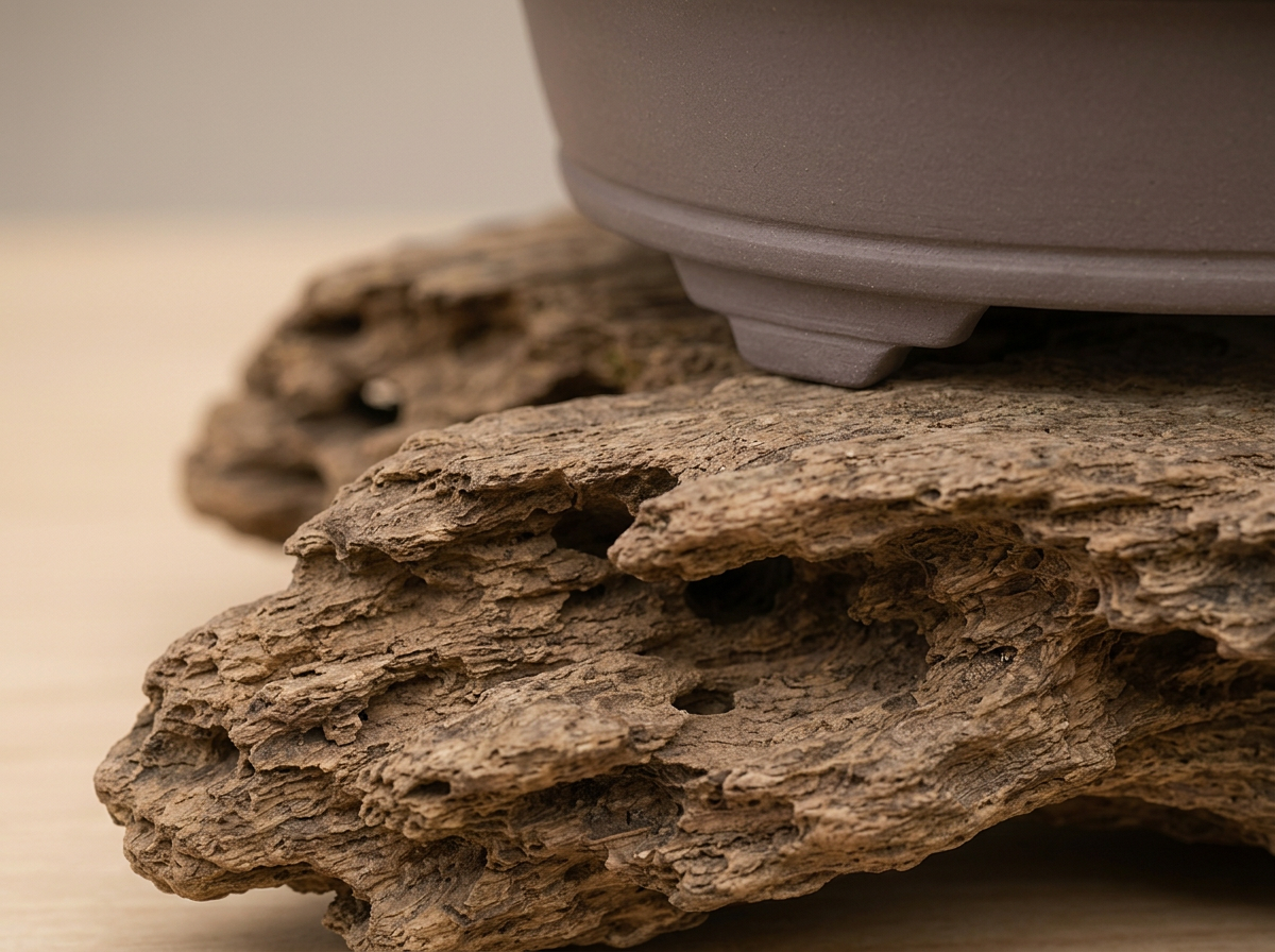 Close-up of the architectural foot design on a handcrafted bonsai pot, showing its layered, irregular form that defines the Seasons Restrained collection.