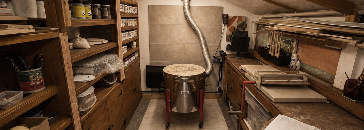 Ian Jobling's ceramics studio in Durham, England, with shelves of pottery materials, a kiln and workbenches.