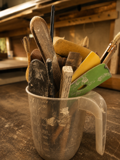 Collection of hand tools used for shaping and finishing handcrafted pottery in the studio.
