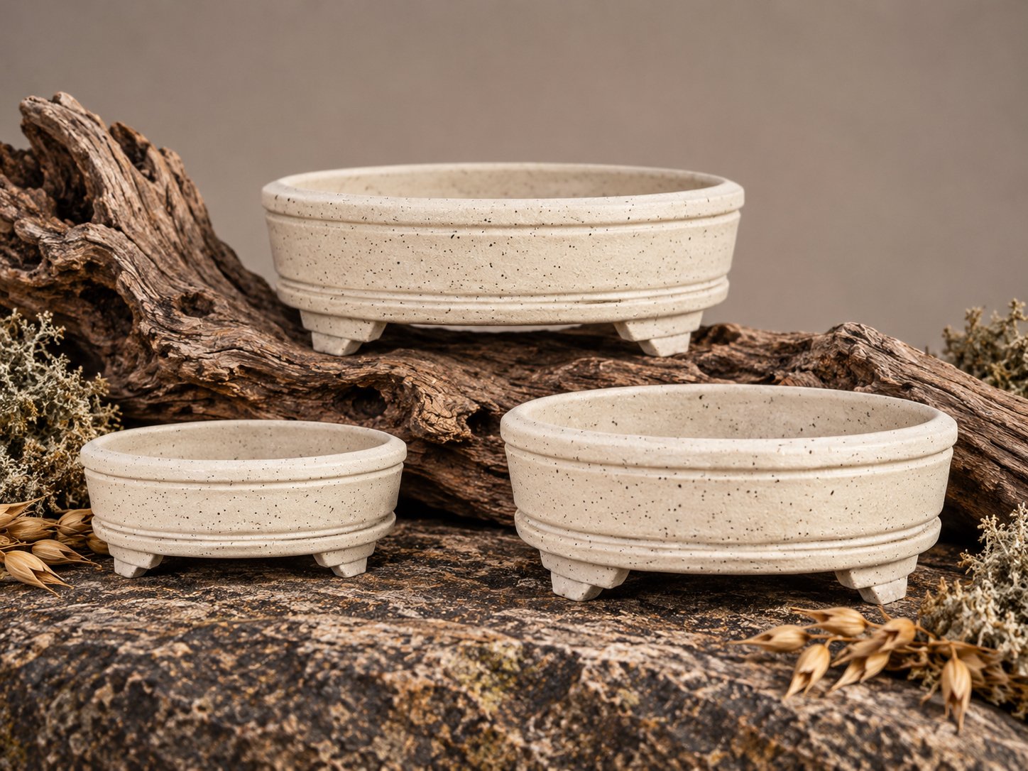 Three handcrafted oval bonsai pots in Arctic Tern, featuring the Angled Crown design, by Ian Jobling Ceramics.