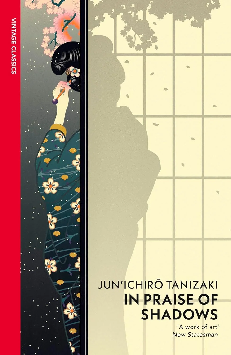 Book cover for 'In Praise of Shadows' by Jun'ichirō Tanizaki, featuring a woman in a traditional kimono holding a fan, with cherry blossoms, on a dark background, and a silhouette of a person looking out through a window with falling leaves.